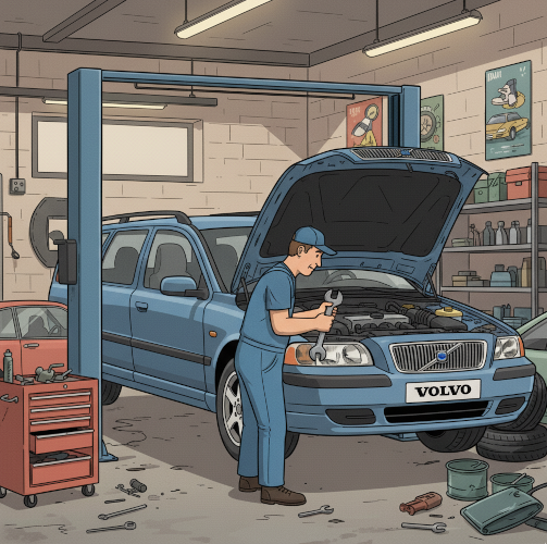 Volvo V70 desenat într-un service auto